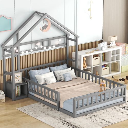 Lit Cabane Enfant En Bois 140x190cm Gris, Tête De Lit Compartiment De Rangement, Sommier à Lattes
