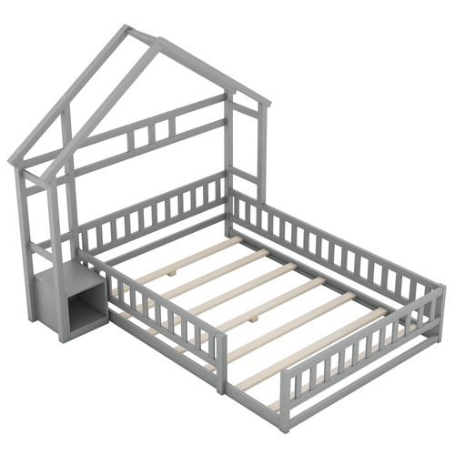 Lit Cabane Enfant En Bois 140x190cm Gris, Tête De Lit Compartiment De Rangement, Sommier à Lattes