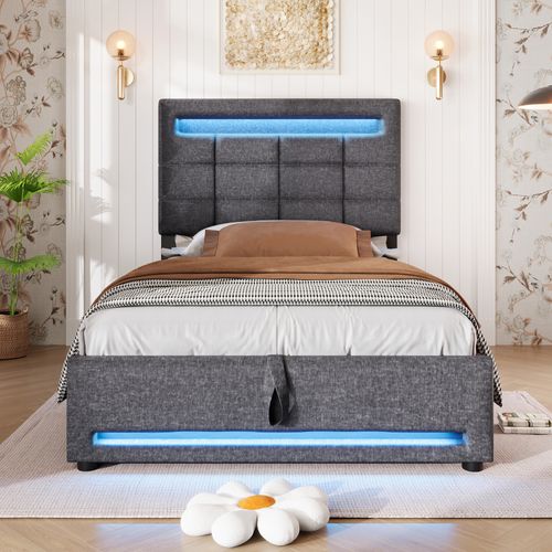 Lit Coffre 90x200cm Gris En Tissu Lin Avec LED, Lit Avec Rangement Et USB