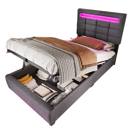 Lit Coffre 90x200cm Gris En Tissu Lin Avec LED, Lit Avec Rangement Et USB