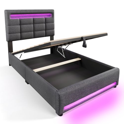 Lit Coffre 90x200cm Gris En Tissu Lin Avec LED, Lit Avec Rangement Et USB