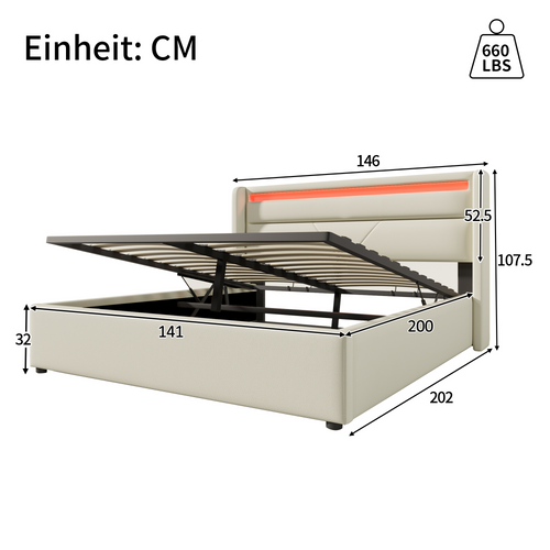 Lit Coffre 140x200cm 2 Places Avec LED Et Sommier Relevable, En Pu Blanc