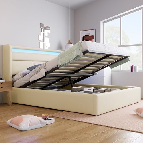 Lit Coffre 140x200cm 2 Places Avec LED Et Sommier Relevable, En Pu Blanc