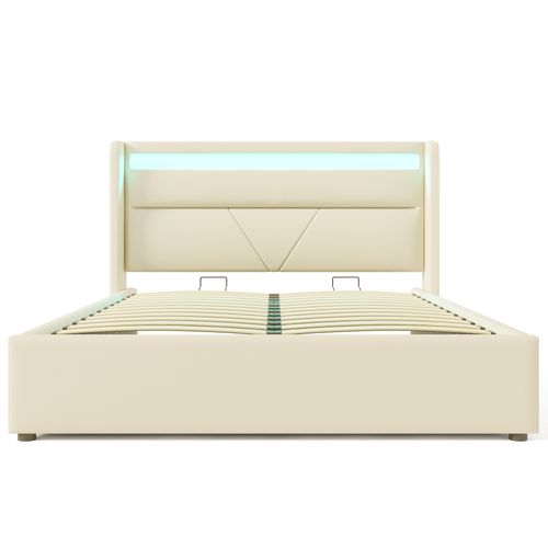 Lit Coffre 140x200cm 2 Places Avec LED Et Sommier Relevable, En Pu Blanc