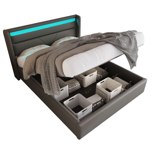 Lit Coffre 140x200cm 2 Places Avec LED Et Sommier Relevable, En Pu Gris