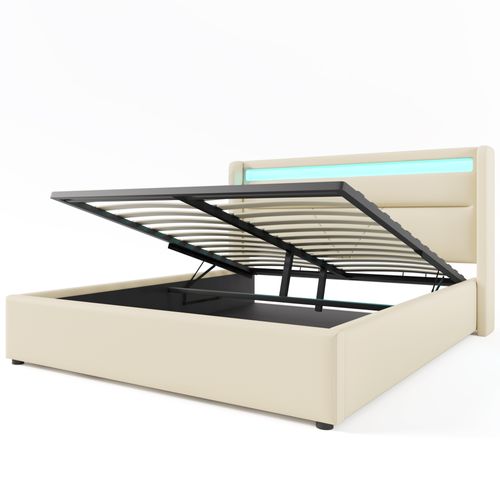 Lit Coffre LED 160x200cm Avec Éclairage Et Sommier Relevable, En Pu Blanc