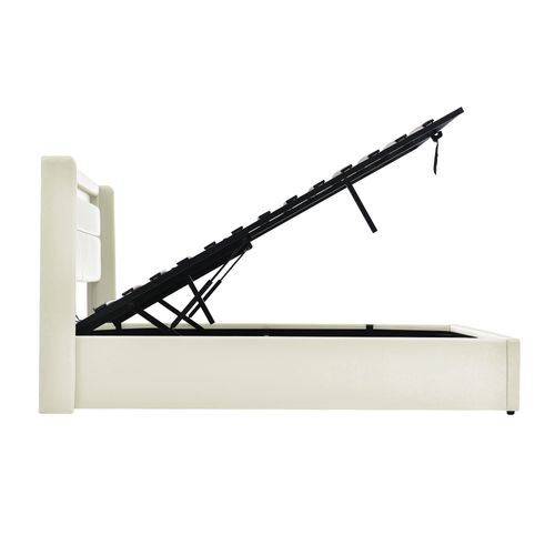 Lit Coffre LED 160x200cm Avec Éclairage Et Sommier Relevable, En Pu Blanc