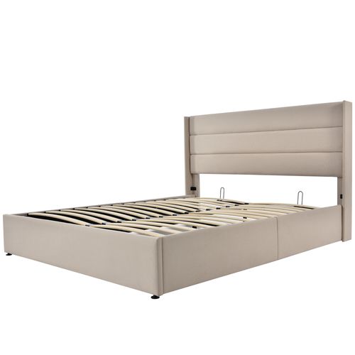 Lit Coffre Adulte 140x200cm Avec Sommier Et Tête De Lit Avec Oreilles, En Lin Beige