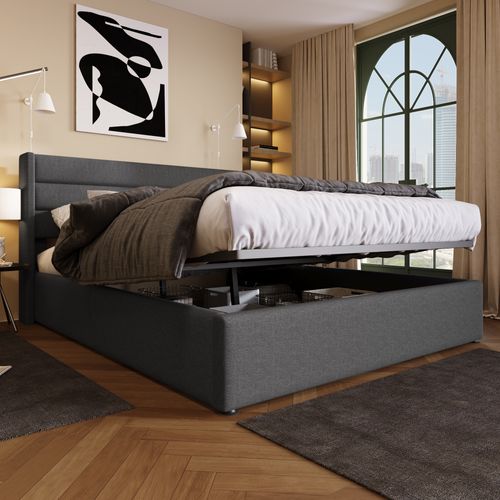Lit Coffre 160x200 Cm Avec Rangement Intégré Et LEDs - Tête De Lit Avec Ports USB, Velours Gris, Sommier Inclus