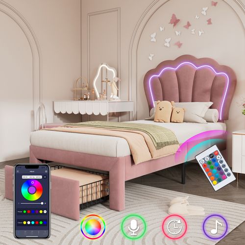 Lit Enfant 90x190cm Avec LED, Tiroir Et Tête De Lit Fleurie, Velours, Rose