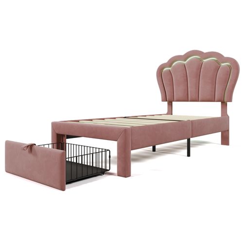 Lit Enfant 90x190cm Avec LED, Tiroir Et Tête De Lit Fleurie, Velours, Rose