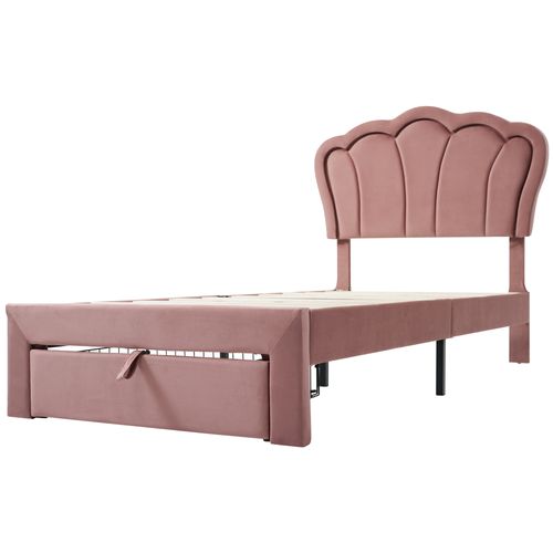 Lit Enfant 90x200cm Avec LED, Tiroir Et Tête De Lit Fleurie, Velours, Rose