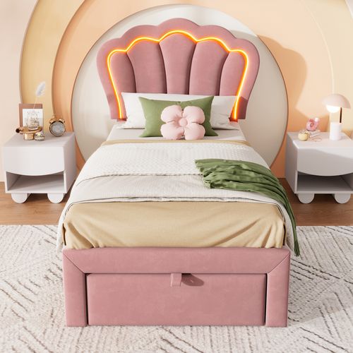 Lit Enfant 90x200cm Avec LED, Tiroir Et Tête De Lit Fleurie, Velours, Rose