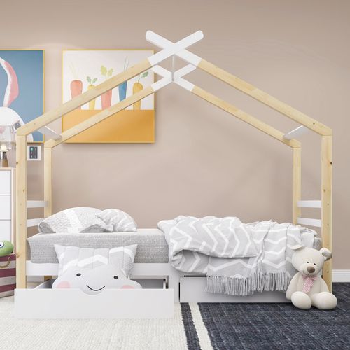 Lit Cabane Enfant 90x200cm En Pin Blanc Avec 2 Tiroirs De Rangement Er Sommier