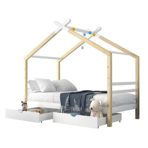 Lit Cabane Enfant 90x200cm En Pin Blanc Avec 2 Tiroirs De Rangement Er Sommier
