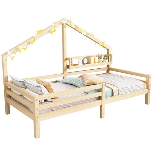 Lit Cabane Simple 90x200cm En Pin Avec Étagère Et Barrières, Style Scandinave