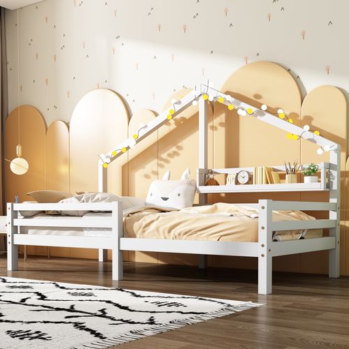 Lit Cabane Simple 90x200cm En Pin Blanc Avec Étagère Et Barrières, Style Scandinave