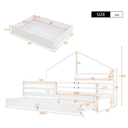 Lit Cabane Simple 90x200cm En Pin Blanc Avec 2 Tiroirs Et Étagère, Style Scandinave