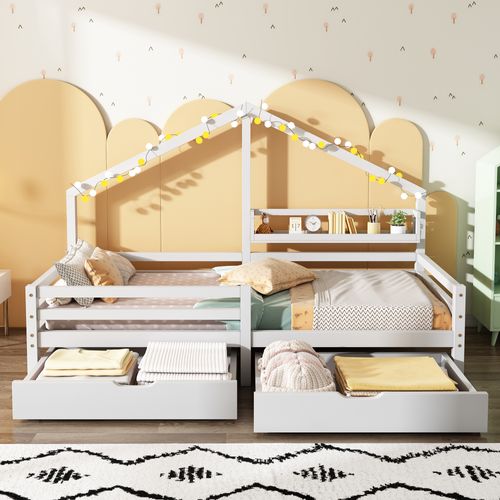 Lit Cabane Simple 90x200cm En Pin Blanc Avec 2 Tiroirs Et Étagère, Style Scandinave