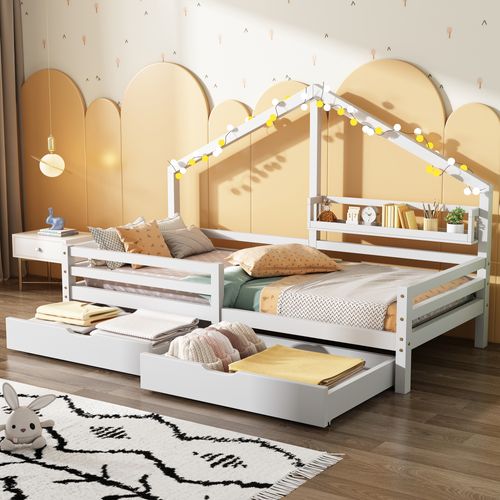 Lit Cabane Simple 90x200cm En Pin Blanc Avec 2 Tiroirs Et Étagère, Style Scandinave