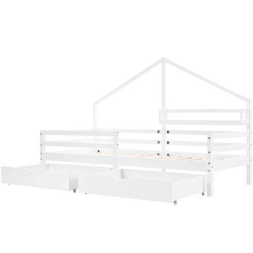 Lit Cabane Simple 90x200cm En Pin Blanc Avec 2 Tiroirs Et Étagère, Style Scandinave