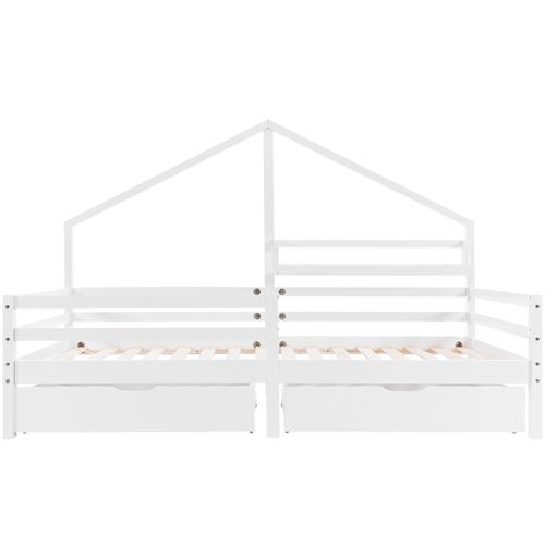 Lit Cabane Simple 90x200cm En Pin Blanc Avec 2 Tiroirs Et Étagère, Style Scandinave