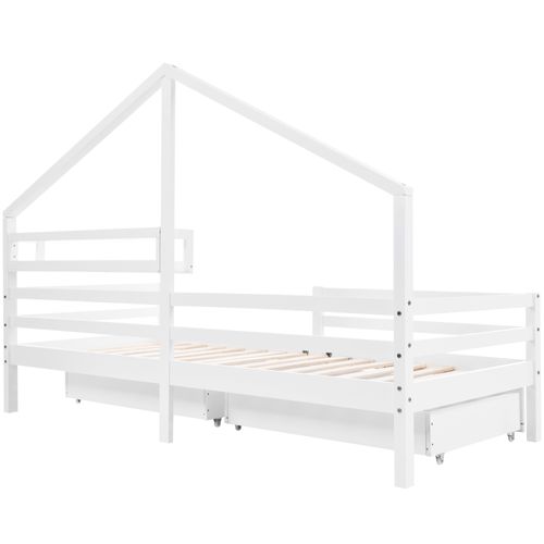 Lit Cabane Simple 90x200cm En Pin Blanc Avec 2 Tiroirs Et Étagère, Style Scandinave