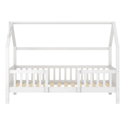 Lit Cabane Enfant 90x200cm En Bois Blanc Avec Barrières Et Sommier