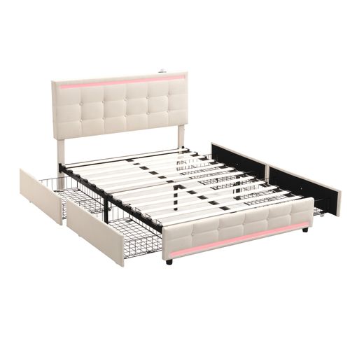Lit Adulte Double 140x200cm Avec LED, 4 Tiroirs Et Recharge USB, Lin, Beige