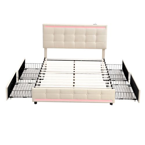 Lit Adulte Double 140x200cm Avec LED, 4 Tiroirs Et Recharge USB, Lin, Beige