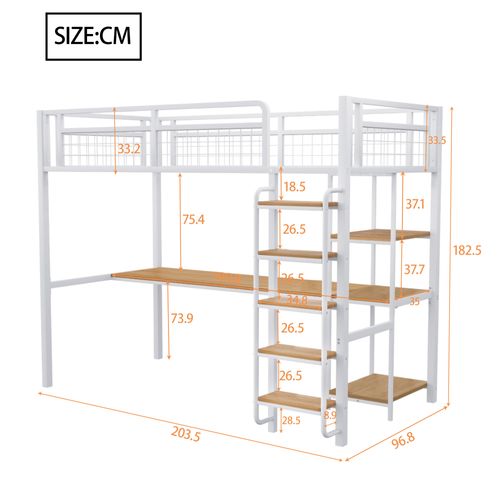 Lit Mezzanine Enfant 90x200cm En Métal Blanc Avec Bureau Et Étagères