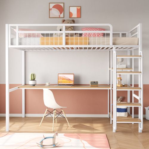 Lit Mezzanine Enfant 90x200cm En Métal Blanc Avec Bureau Et Étagères