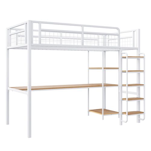 Lit Mezzanine Enfant 90x200cm En Métal Blanc Avec Bureau Et Étagères