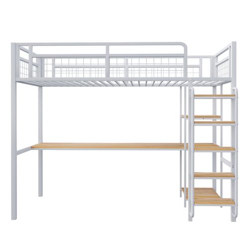Lit Mezzanine Enfant 90x200cm En Métal Blanc Avec Bureau Et Étagères