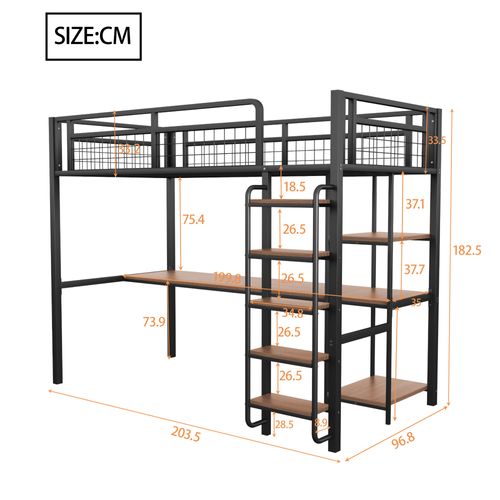 Lit Mezzanine Enfant 90x200cm En Métal Noir Avec Bureau Et Étagères