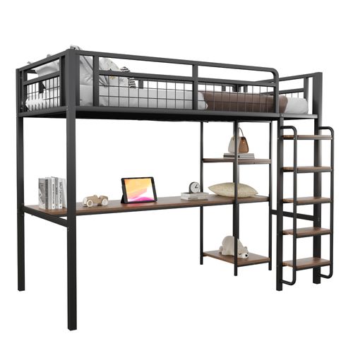 Lit Mezzanine Enfant 90x200cm En Métal Noir Avec Bureau Et Étagères