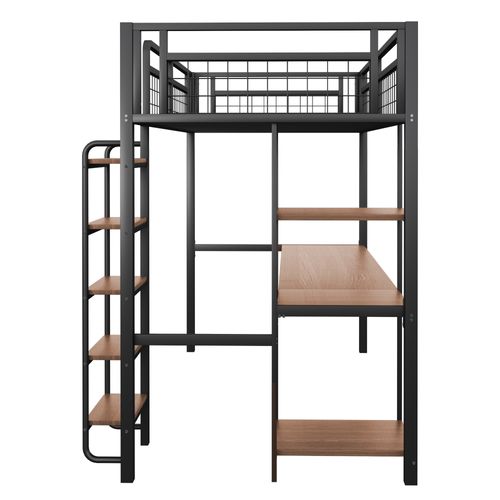 Lit Mezzanine Enfant 90x200cm En Métal Noir Avec Bureau Et Étagères