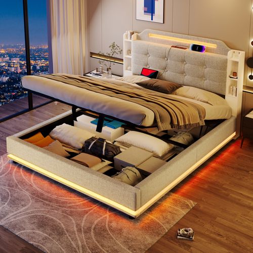 Lit Coffre 140x200cm Avec LED, Tête De Lit Avec Étagères Et Ports De Charge, Lin, Beige