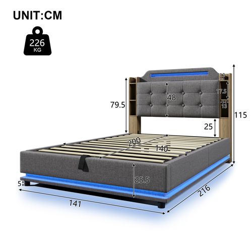 Lit Coffre 140x200cm Avec LED,  Tête De Lit Avec Étagères Et Ports De Charge, Lin, Gris