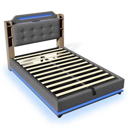 Lit Coffre 140x200cm Avec LED,  Tête De Lit Avec Étagères Et Ports De Charge, Lin, Gris