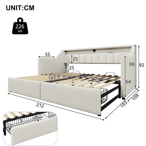 Lit Gigogne LED 90x200cm Extensible Avec Ports USB, 2 Tiroirs Et Étagère, Lin, Beige