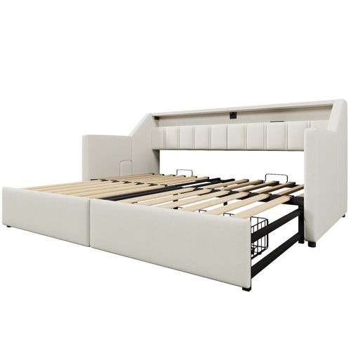 Lit Gigogne LED 90x200cm Extensible Avec Ports USB, 2 Tiroirs Et Étagère, Lin, Beige