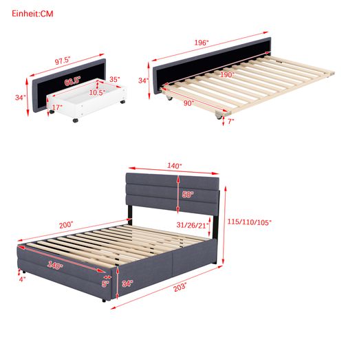 Lit Double 140x200cm Avec Lit Gigogne Simple Et Tiroirs En Lin Gris