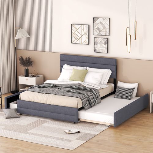Lit Double 140x200cm Avec Lit Gigogne Simple Et Tiroirs En Lin Gris