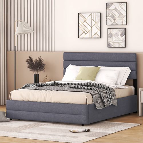 Lit Double 140x200cm Avec Lit Gigogne Simple Et Tiroirs En Lin Gris