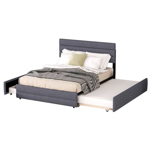 Lit Double 140x200cm Avec Lit Gigogne Simple Et Tiroirs En Lin Gris