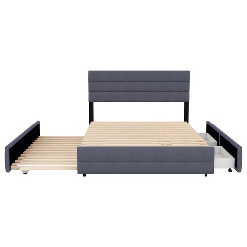Lit Double 140x200cm Avec Lit Gigogne Simple Et Tiroirs En Lin Gris