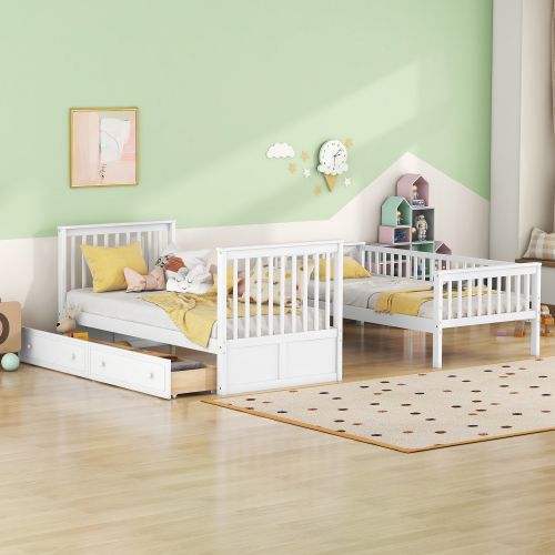 Lit Superposé 90x200 Cm, Lit Enfant Avec 2 Tiroirs, Lits Convertibles, Blanc