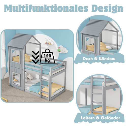 Lit Superposé 90x200 Cm, Lit Enfant En Bois, Avec Échelle Et Baldaquin, Gris