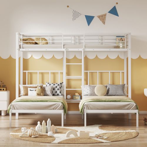 Lit Superposé 90x200 Cm, Lit Enfant, Lit 3 Personnes Avec Barrière De Sécurité Et Table, Blanc